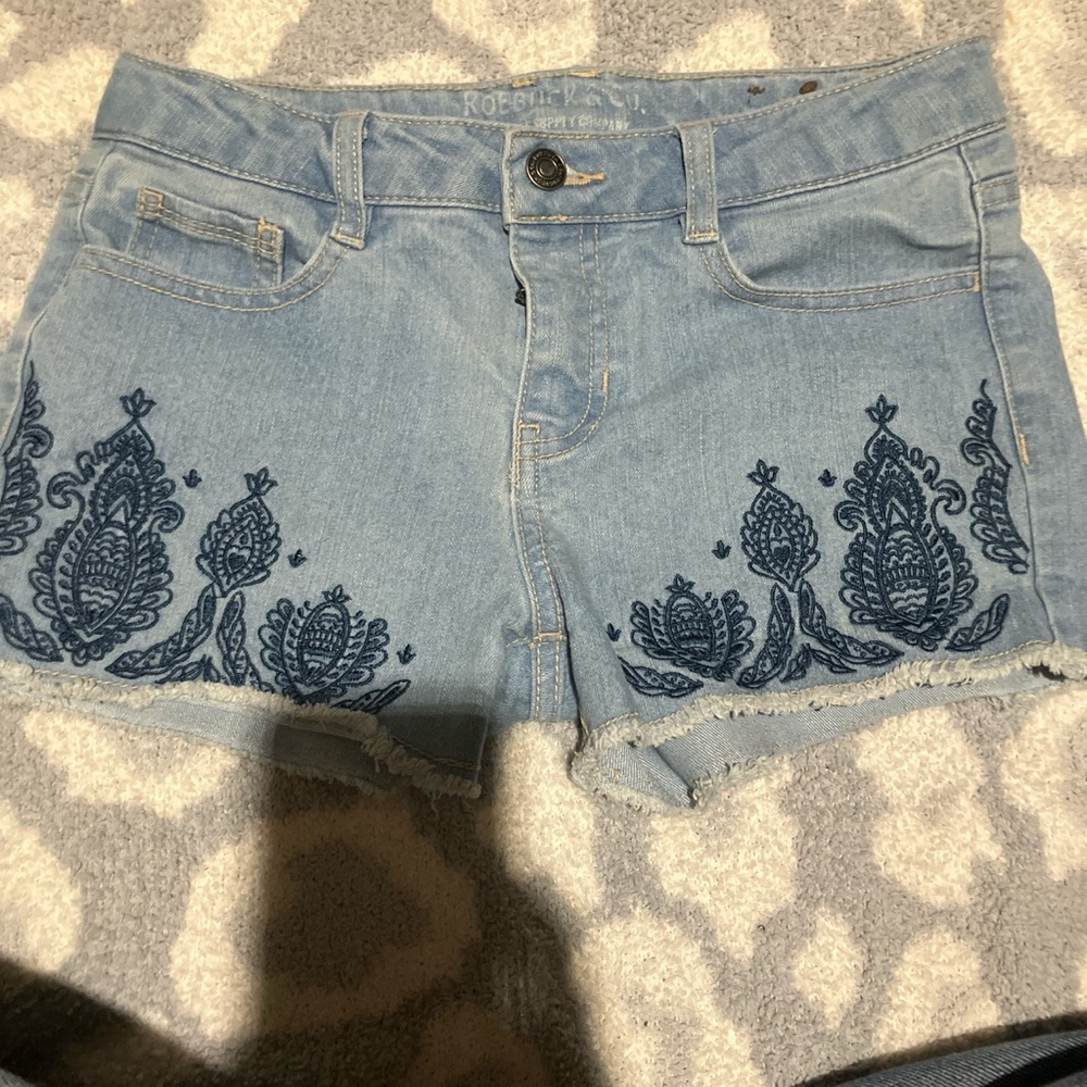 Blue Embroidered Denim Shorts